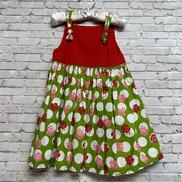 Girls Knot Tie Dress Size 3T Floral Dot Toddler Red Green Sleeveless-Muchilunga- - Picture 1 of 9